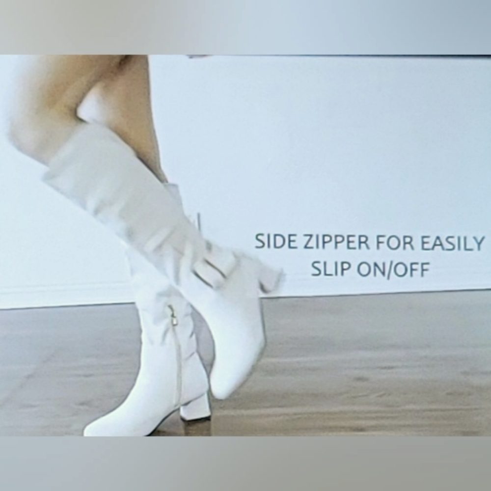 NIB FAUX SUEDE METAL BUCKLE SIDE ZIP CHUNKY HEEL KNEE HIGH BOOT BEIGE 5.5
